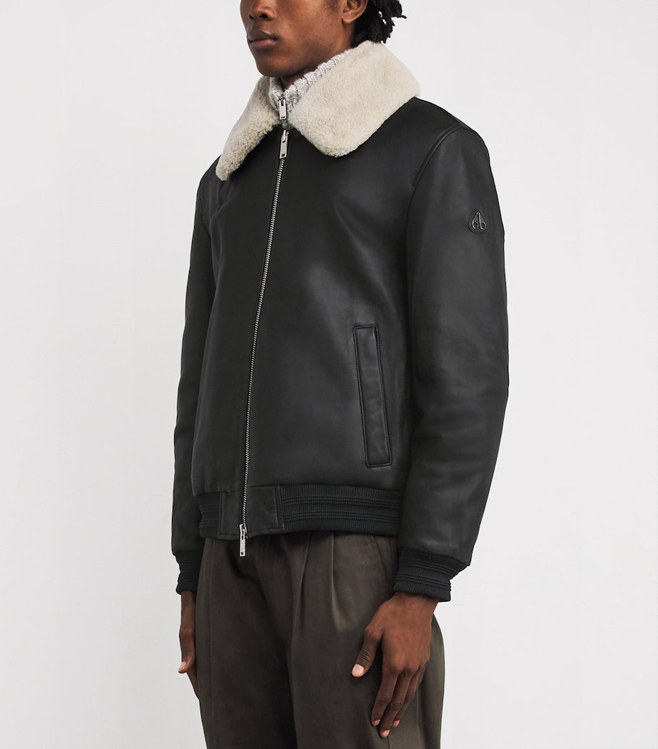 Moose Knuckles Black Shearling-Trim Leather Bomber Jacket