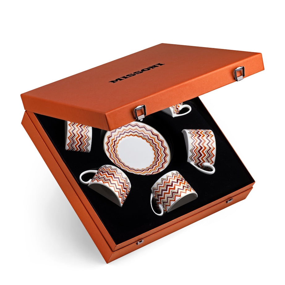 Set of 6 Porcelain Zigzag Teacups and Saucers