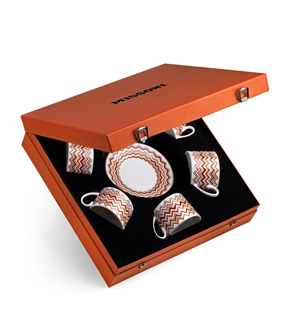 Set of 6 Porcelain Zigzag Teacups and Saucers