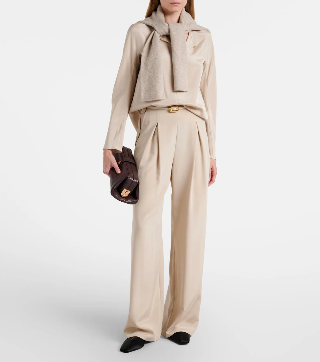 Max Mara - بنطلون بالوديه بقصّة أرجل واسعة من مزيج الحرير ومُزيّن بكسرات