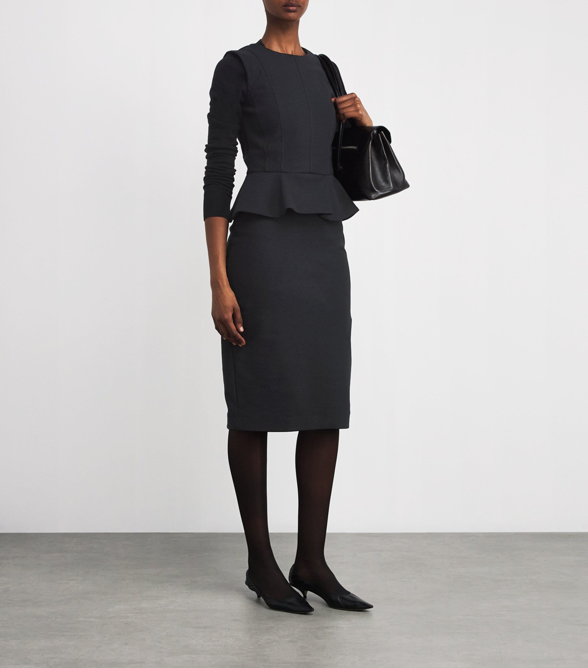 Max Mara Black Jersey Peplum-Detail Midi Dress