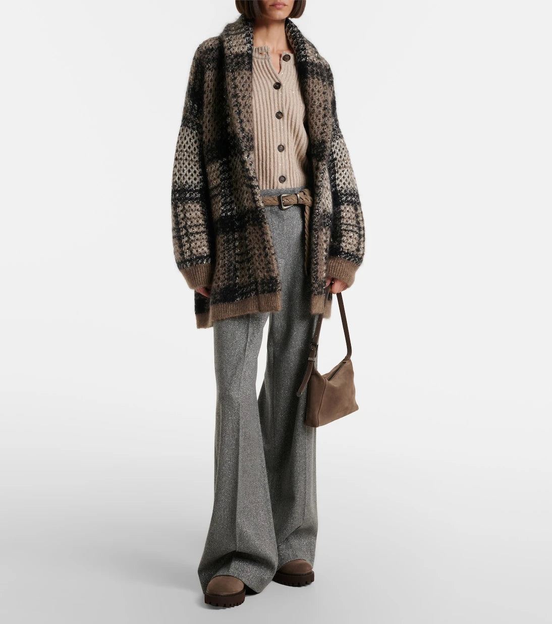 Brunello Cucinelli - Monili herringbone wool-blend wide-leg pants