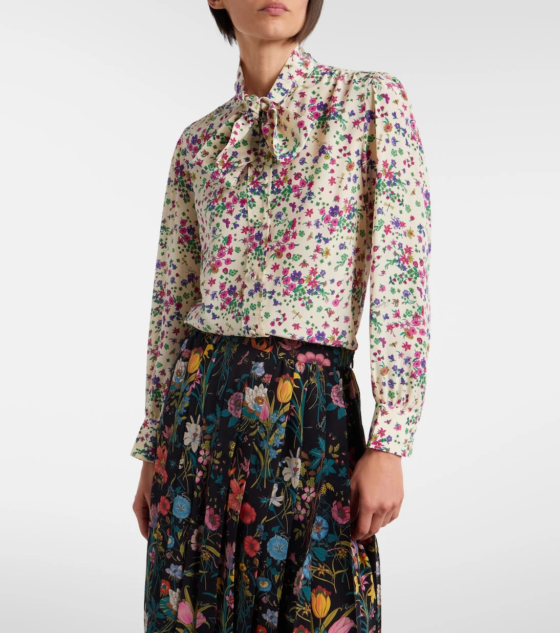 Gucci - Floral tie-neck silk shirt