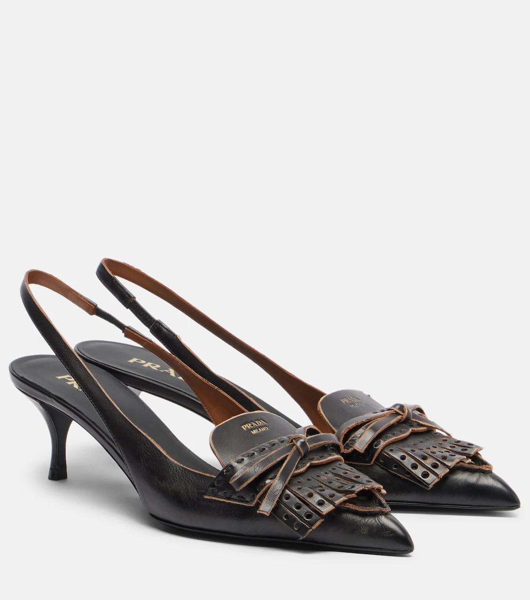 Prada - Bow-detail fringed leather slingback pumps
