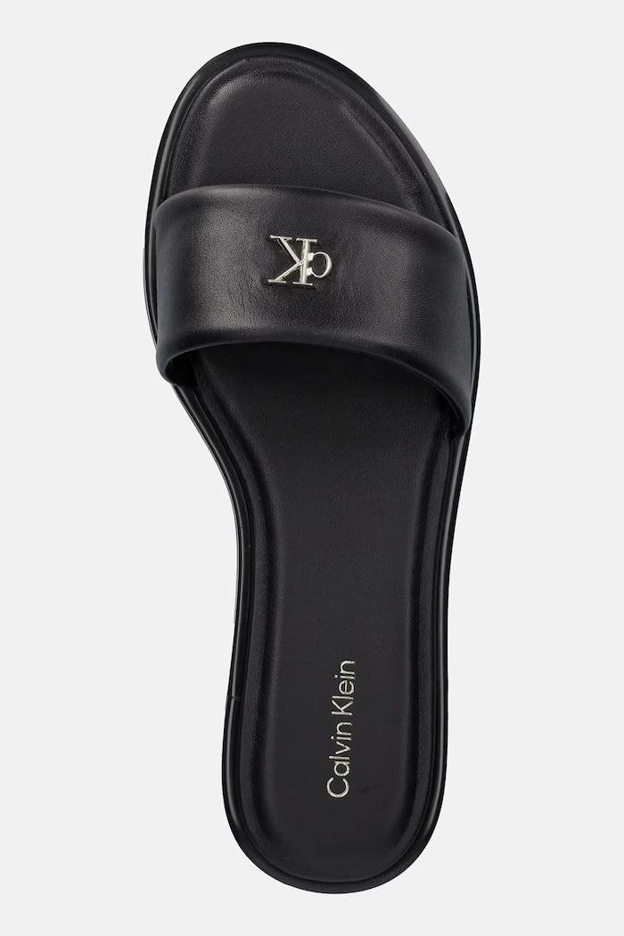 Calvin Klein чехли дамски от кожа ROUND FLAT SNDL LTH BAR HW 2