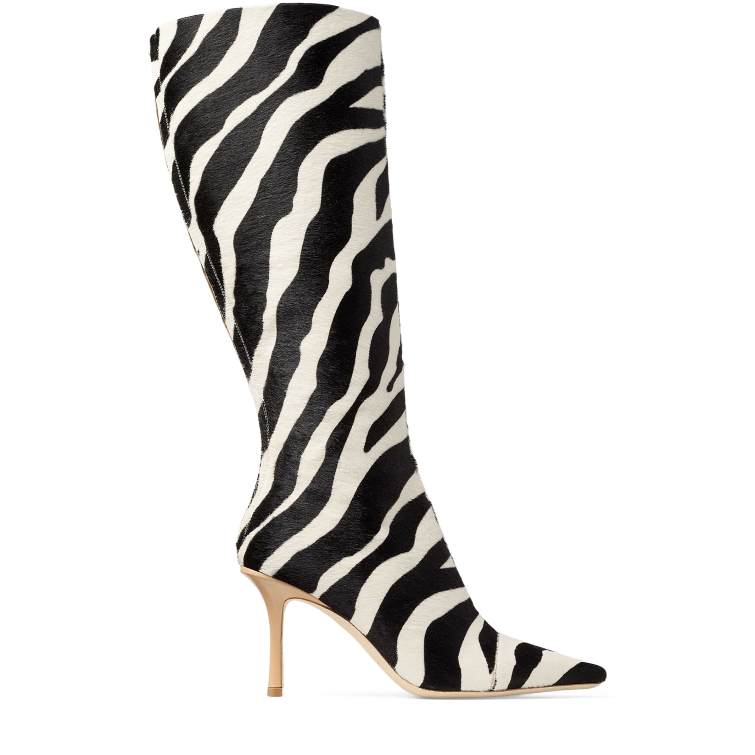Jimmy Choo Black x Conner Ives Gloria 85 Pony Hair Zebra Knee-High Boots