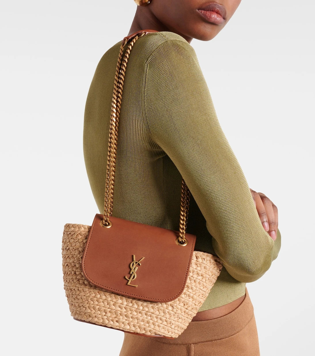 Saint Laurent - Manon Mini raffia and leather shoulder bag