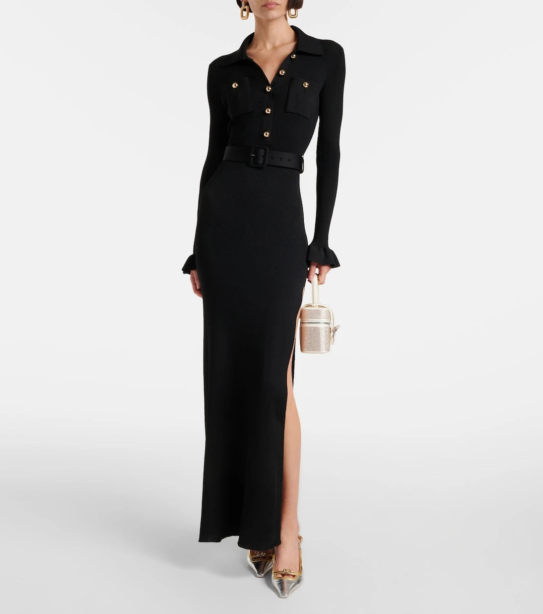 Self-Portrait - Ribbed-knit side-slit maxi dress