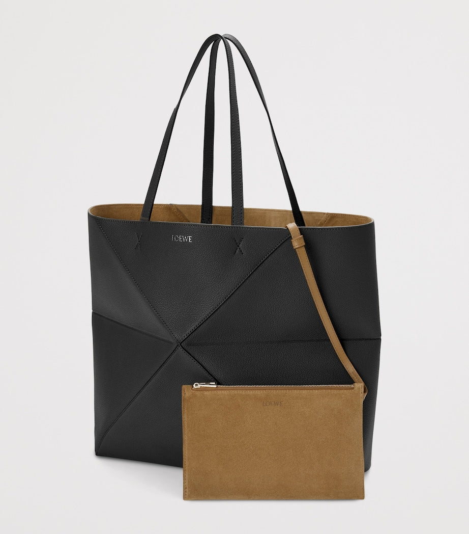Large Leather Puzzle Fold Tote Bag BLACK