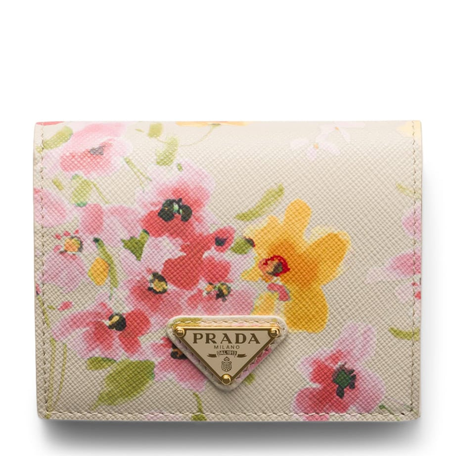 Prada Neutral Small Saffiano Leather Floral Bifold Wallet