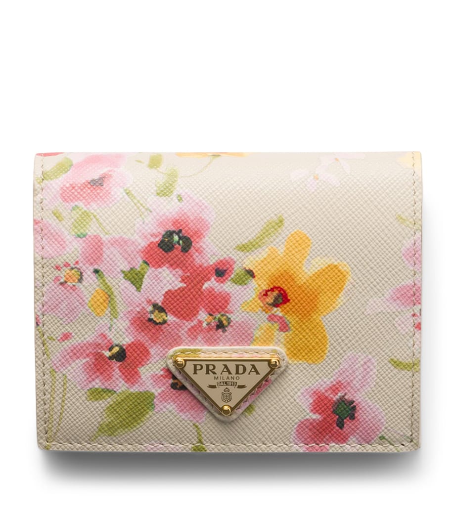 Prada Neutral Small Saffiano Leather Floral Bifold Wallet