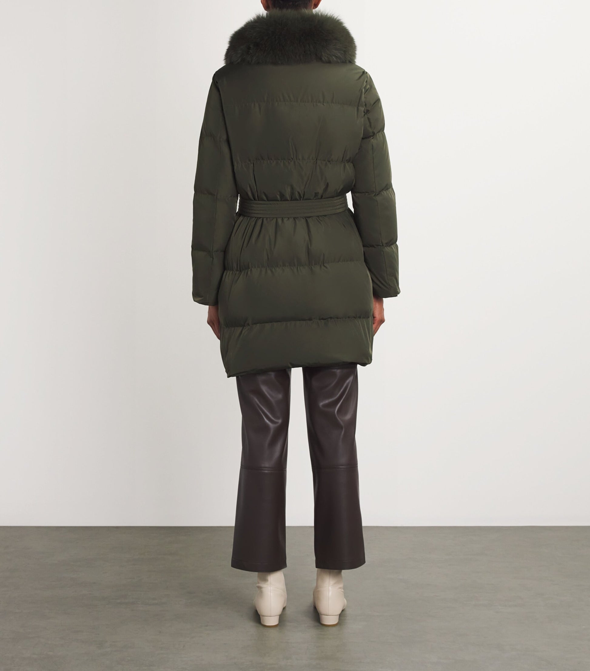 Yves Salomon Green Fur-Trim Down Coat with Mittens