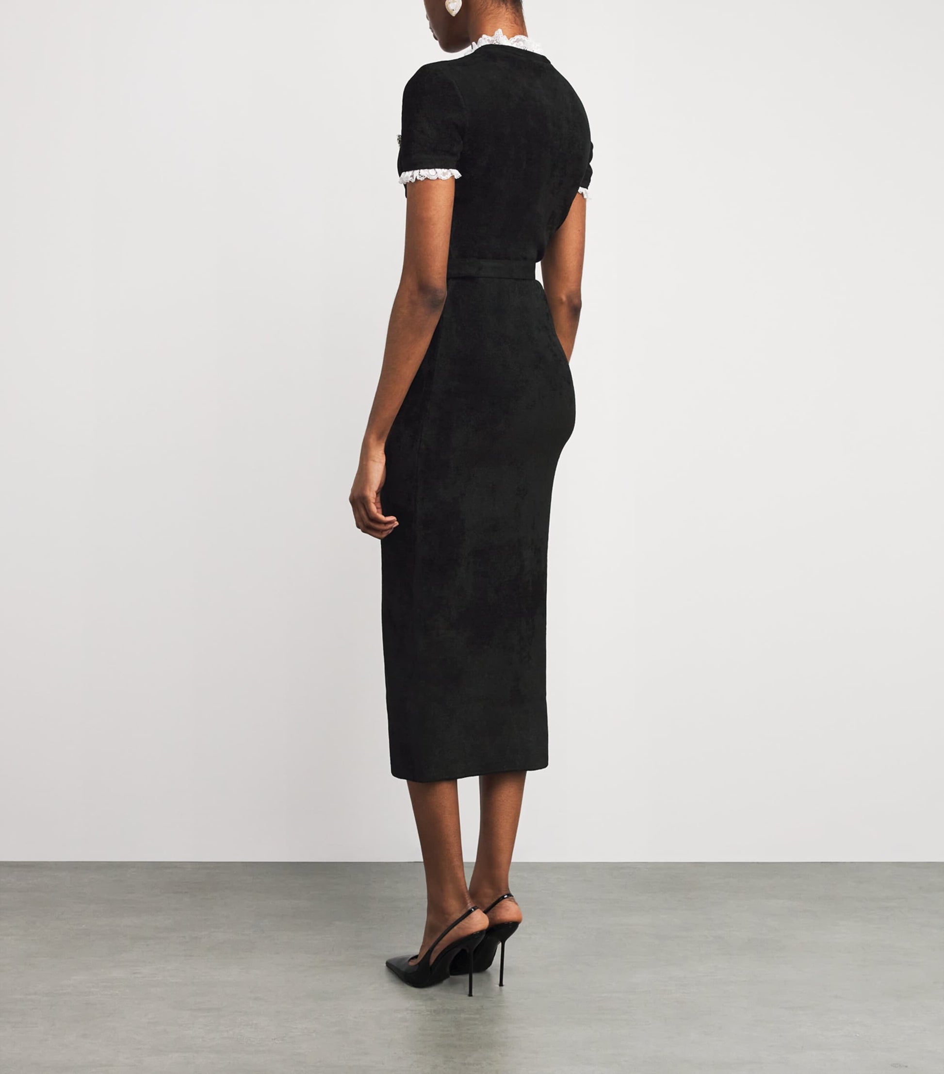 Self-Portrait Black Chenille Lace-Trim Midi Dress