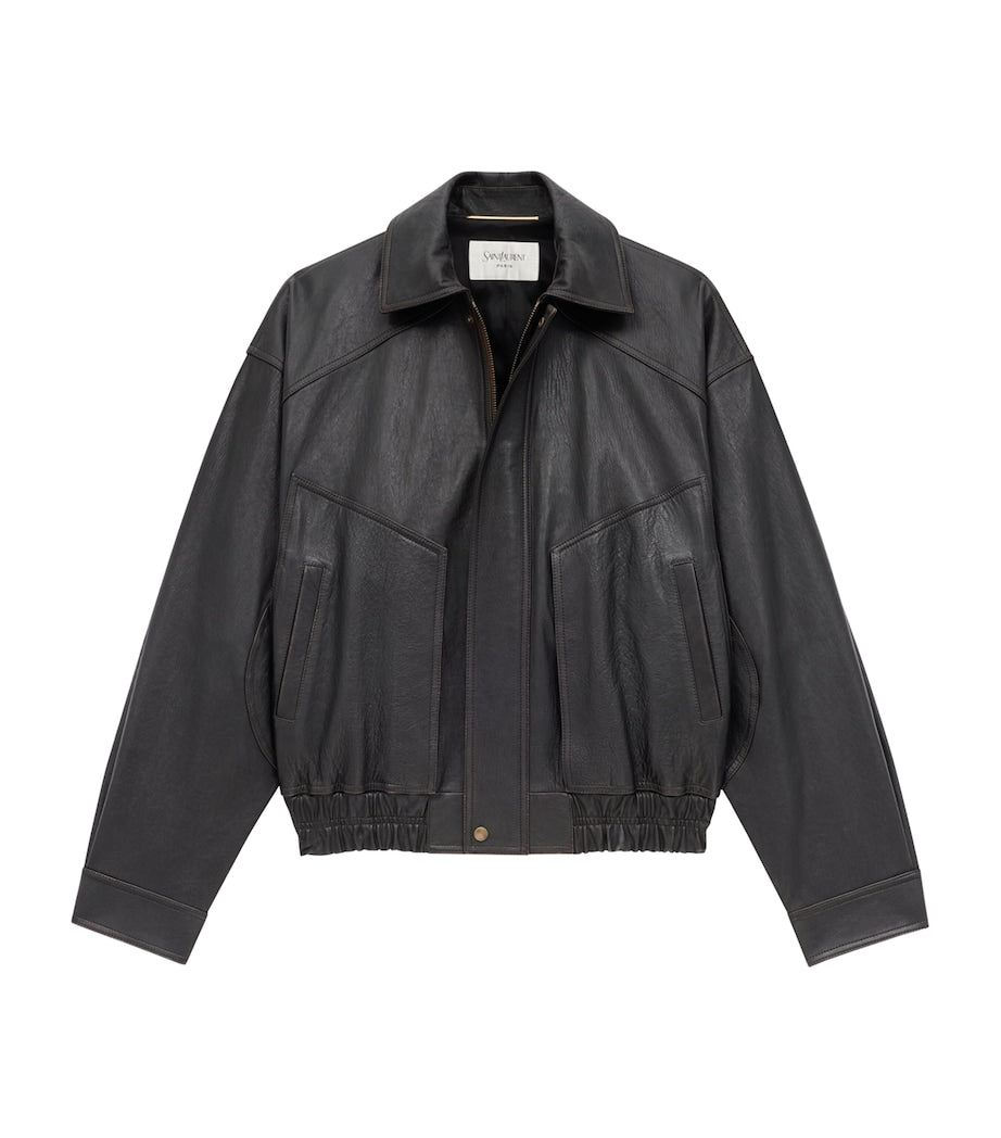 Saint Laurent Grey Leather Bomber Jacket