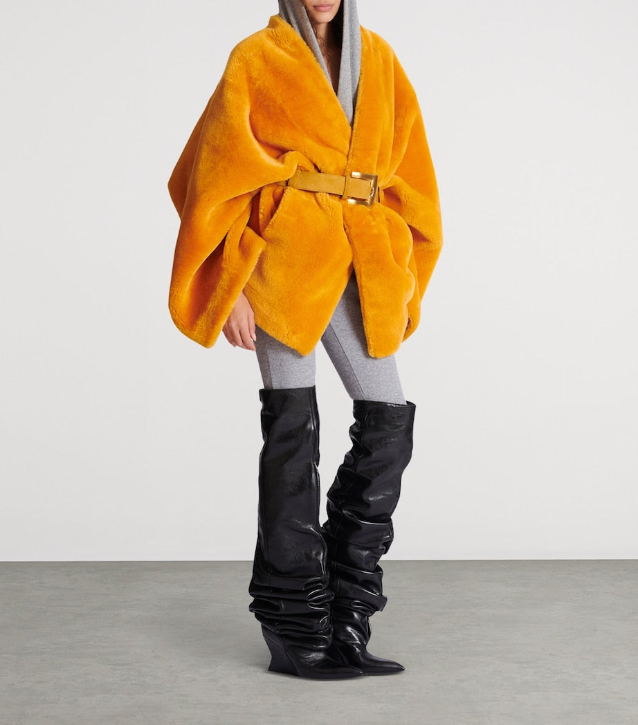 Gold Shearling Belted Wrap Coat