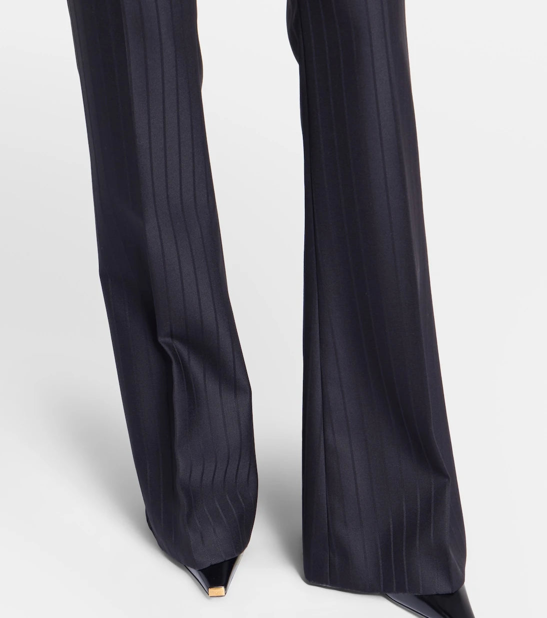 Versace - Embellished pinestripe wool flared pants
