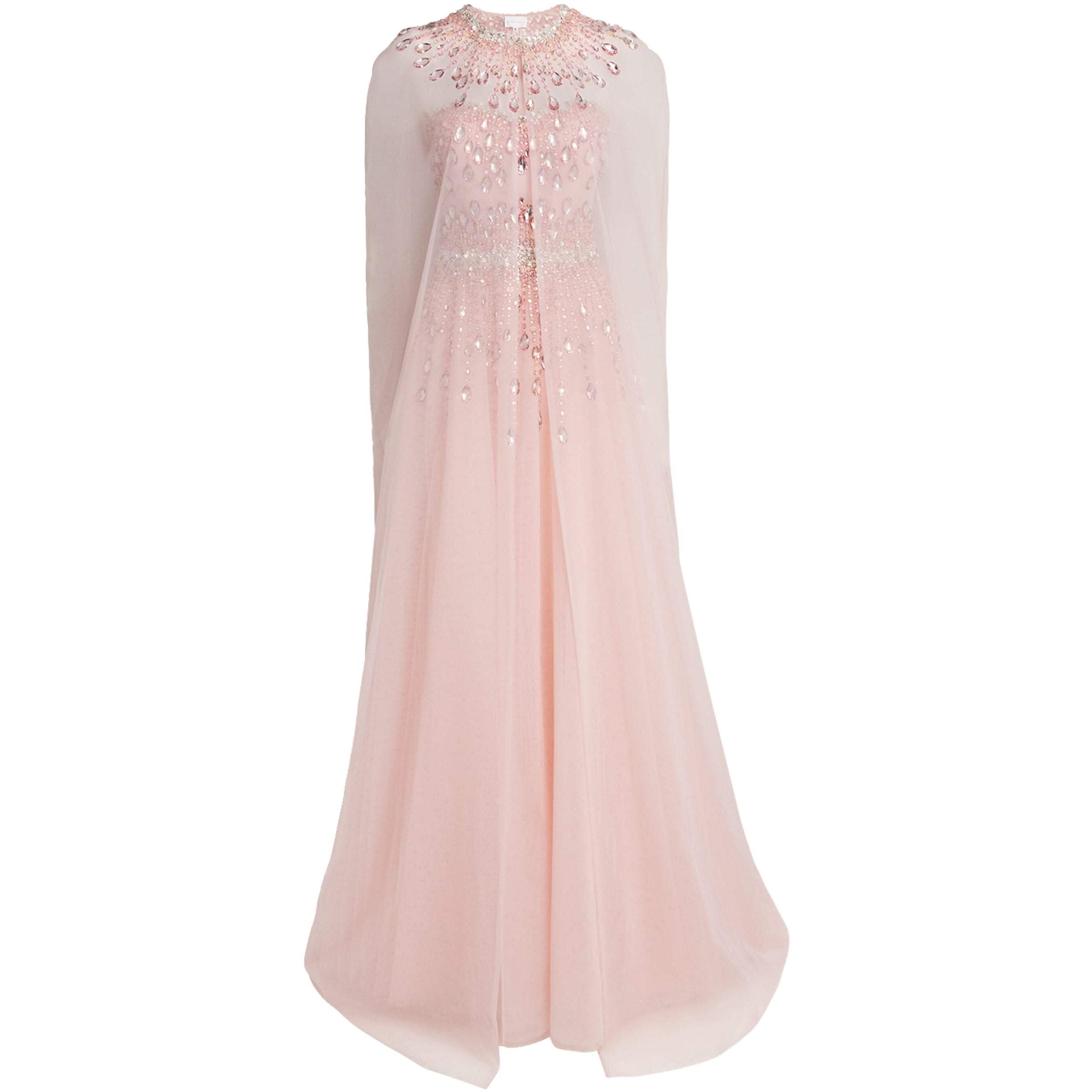 Pamella Roland Pink Tulle Embellished Cape-Detail Gown