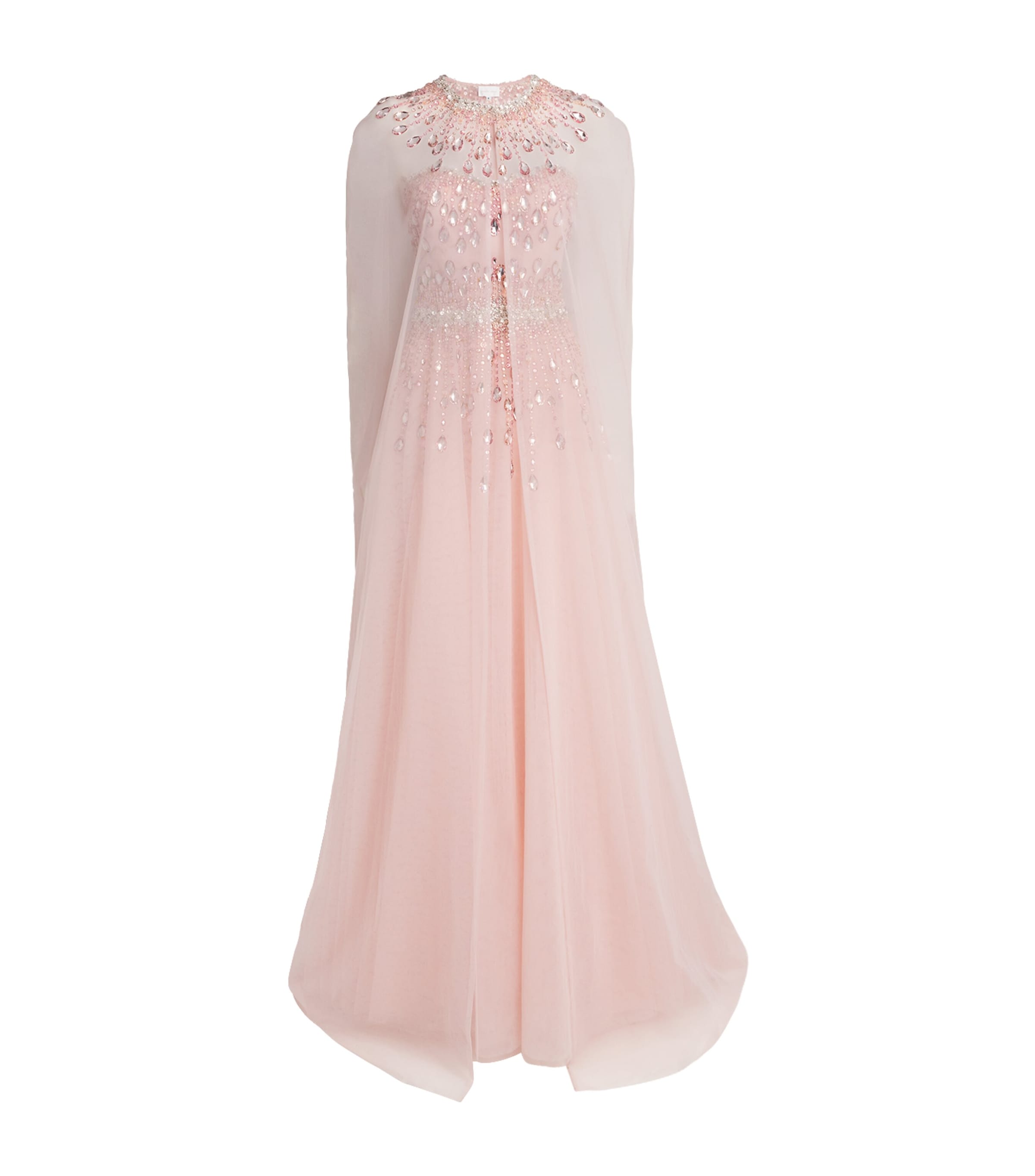 Pamella Roland Pink Tulle Embellished Cape-Detail Gown