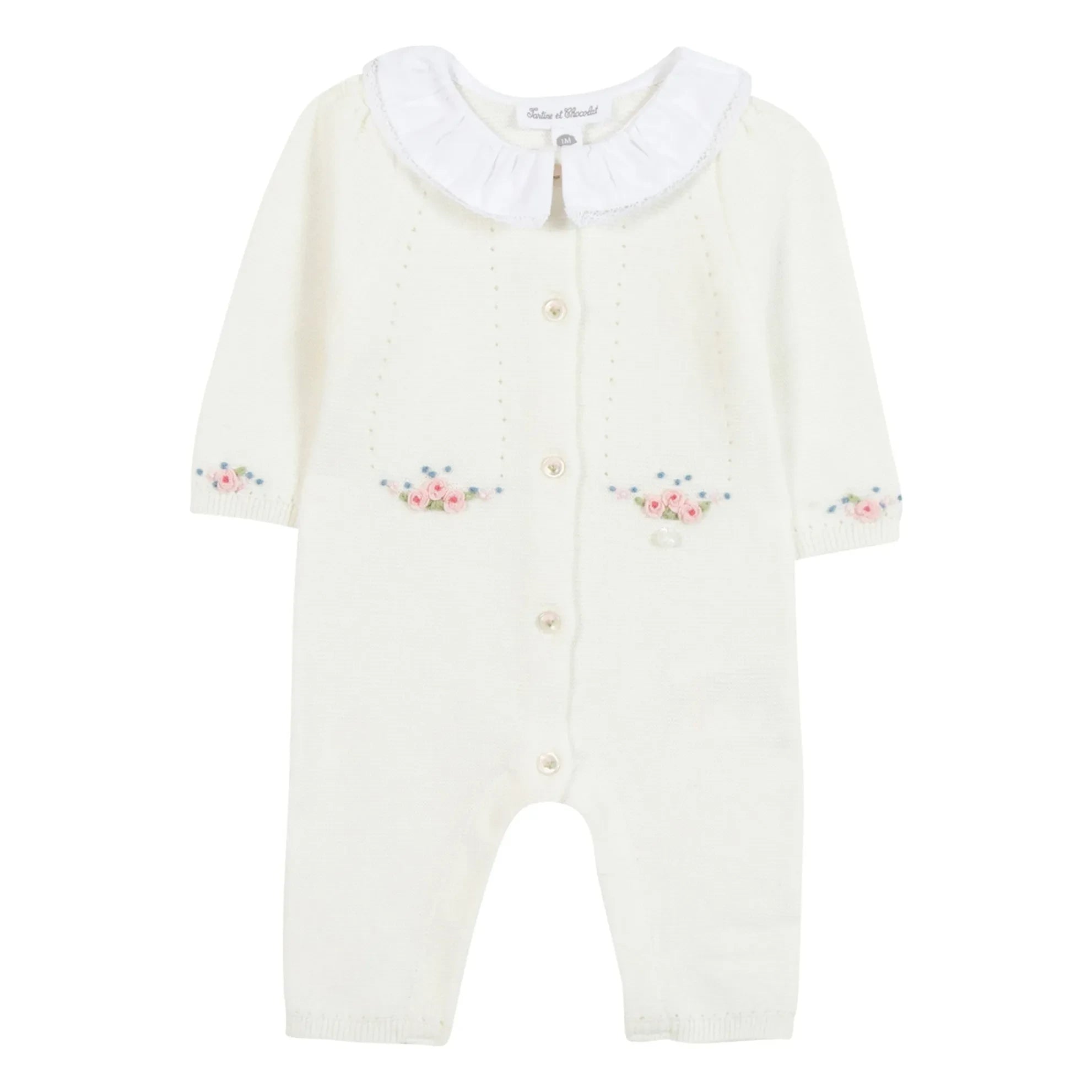Tartine et Chocolat - Flower Embroidered Claudine Collar Jumpsuit | Ecru