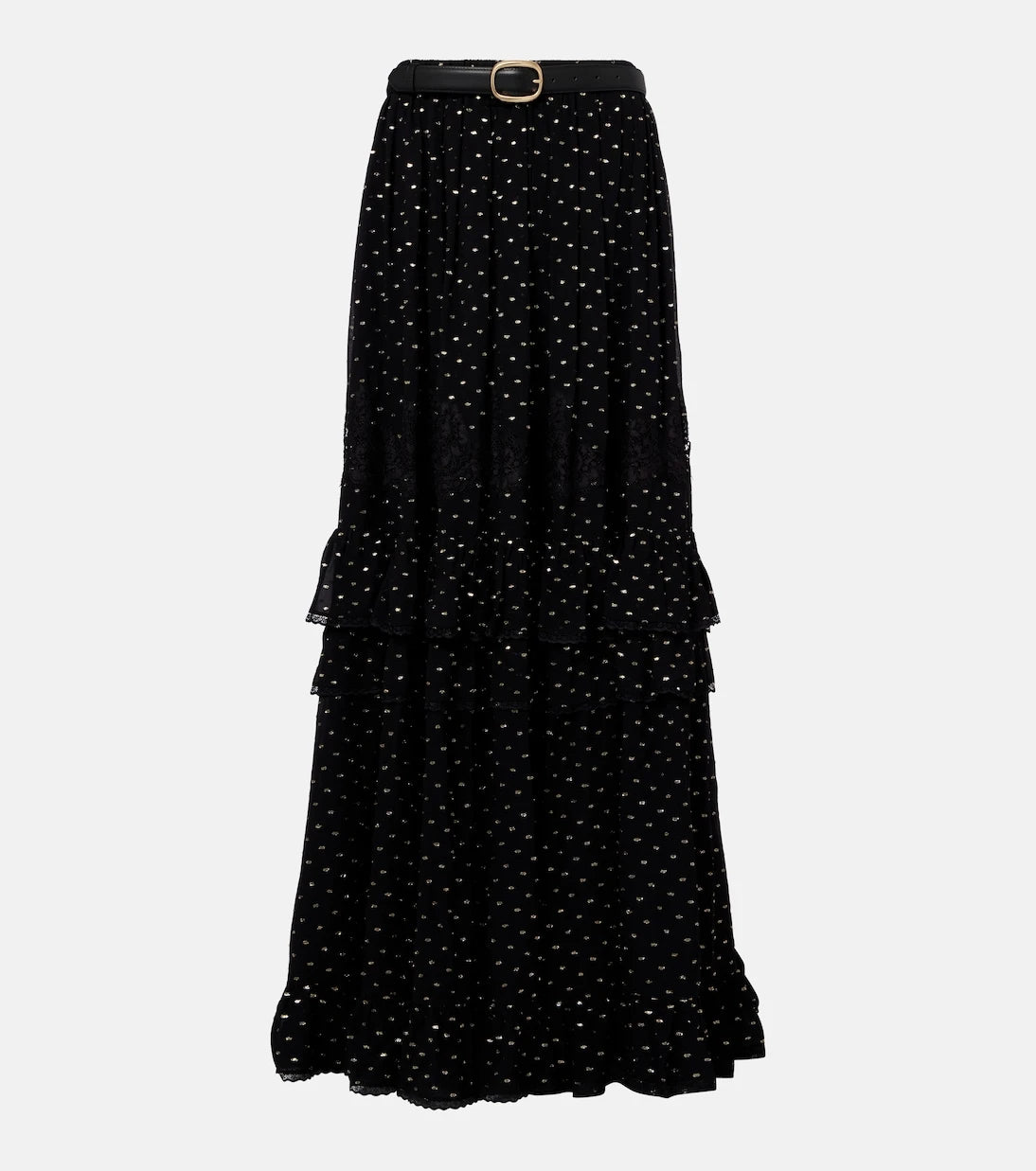 Self-Portrait - Lace-trimmed polka-dot chiffon maxi skirt