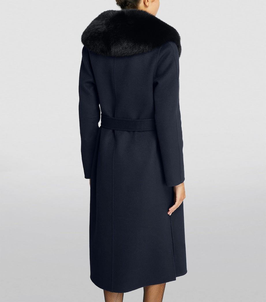 Yves Salomon Blue Cashmere-Wool Fox Fur-Trim Coat
