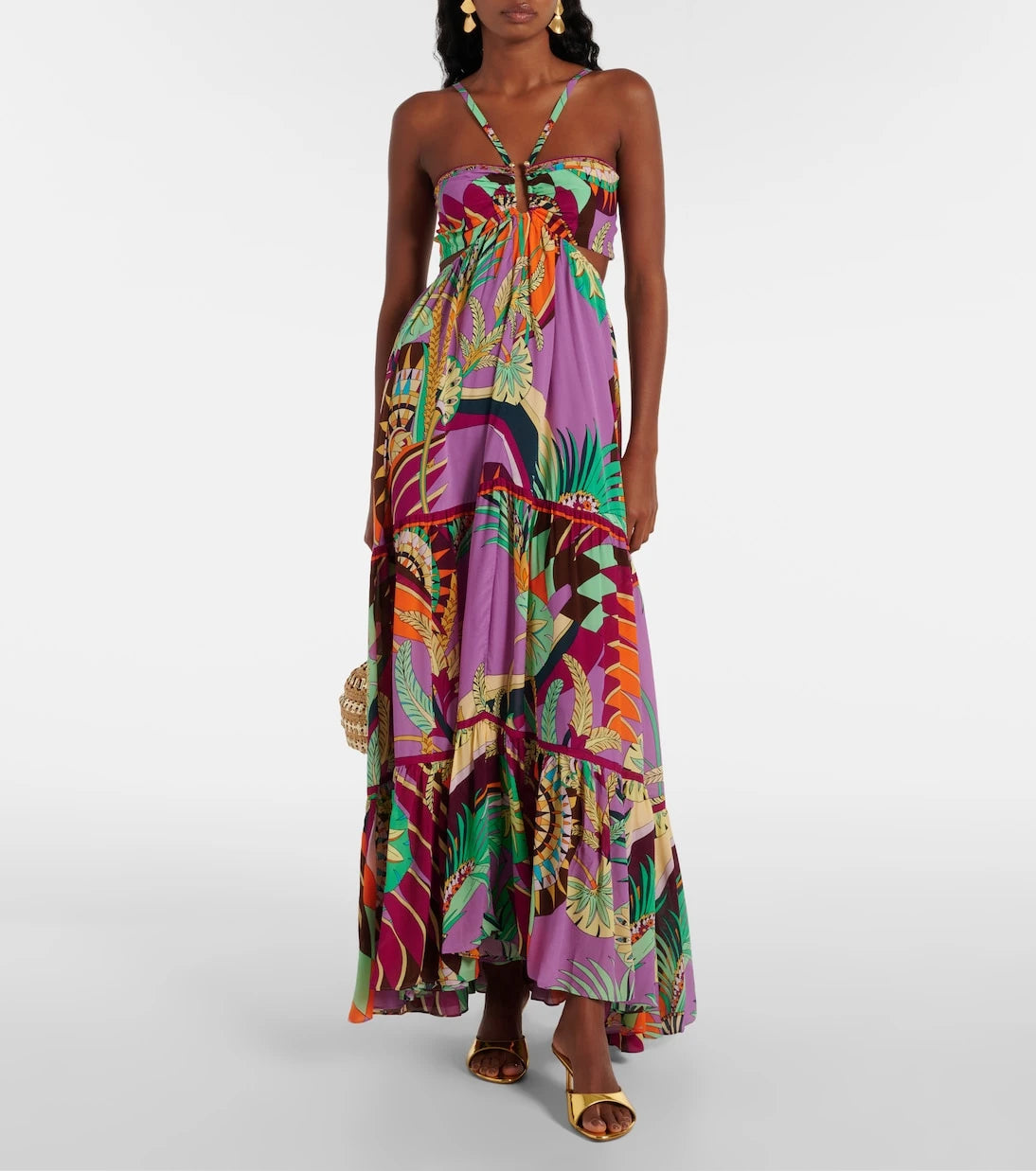Camilla - Gathered printed silk cutout maxi dress