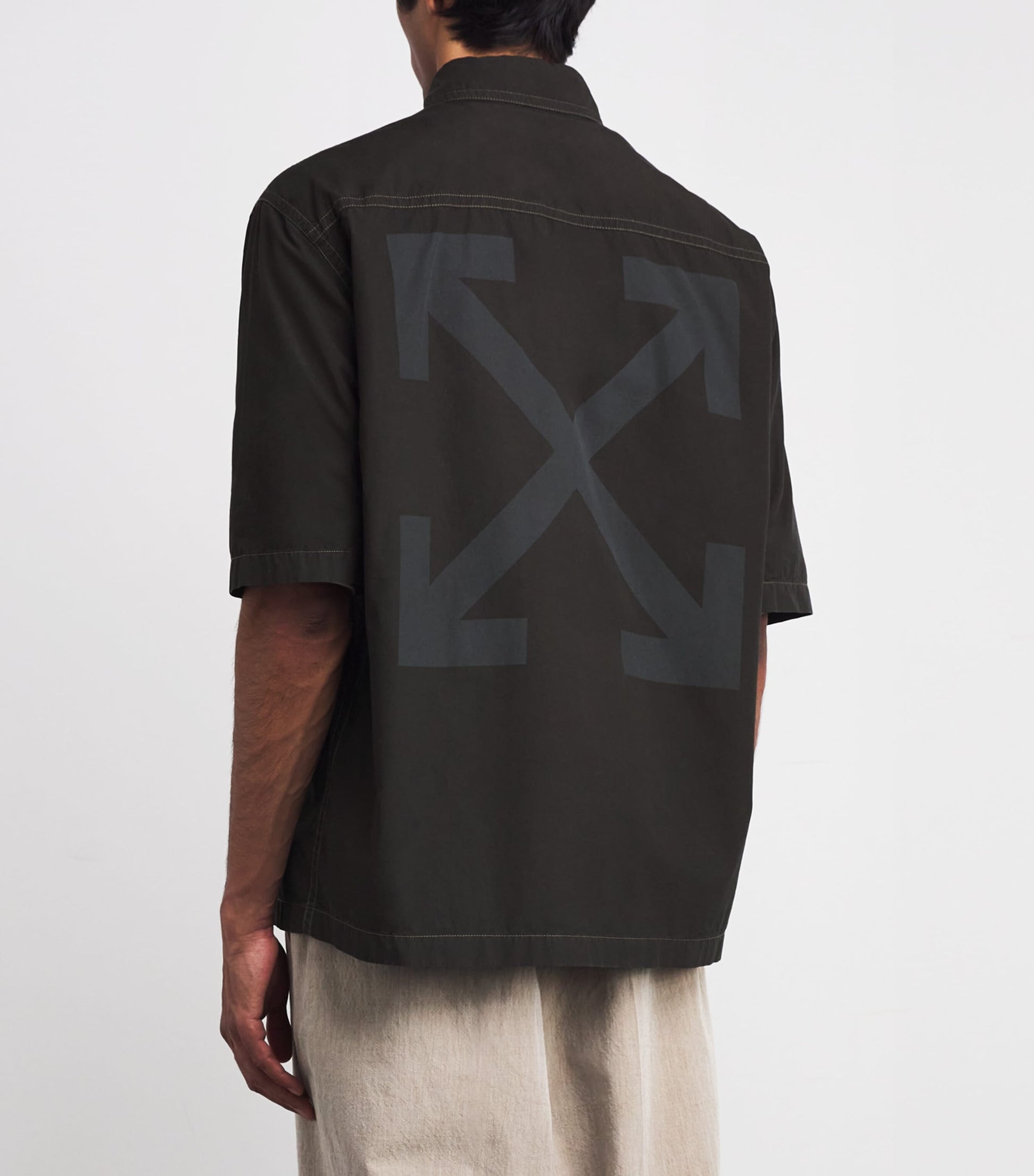 Off-White Cotton Arrow Print Zip-Up Short-Sleeve Shirt