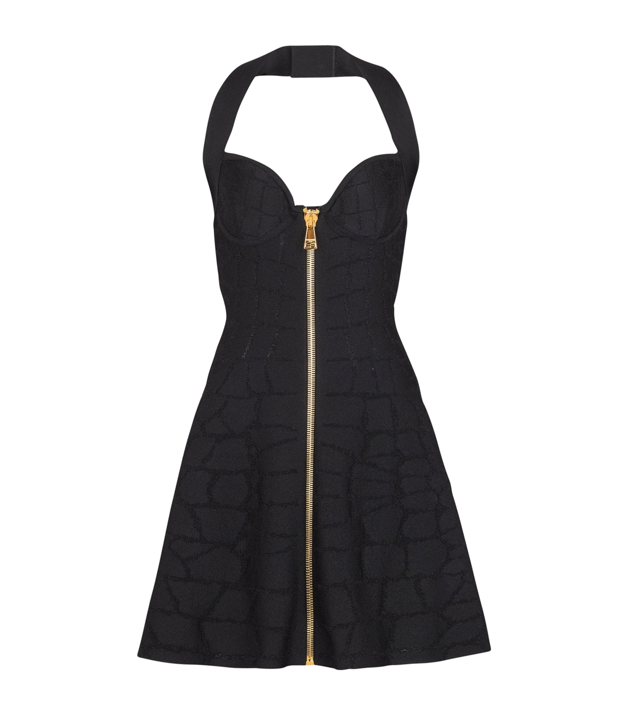Black Croc-Effect Halterneck Mini Dress