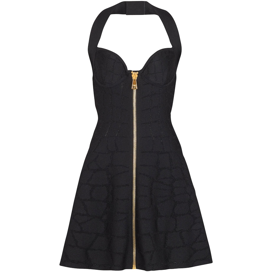 Balmain Black Croc-Effect Halterneck Mini Dress