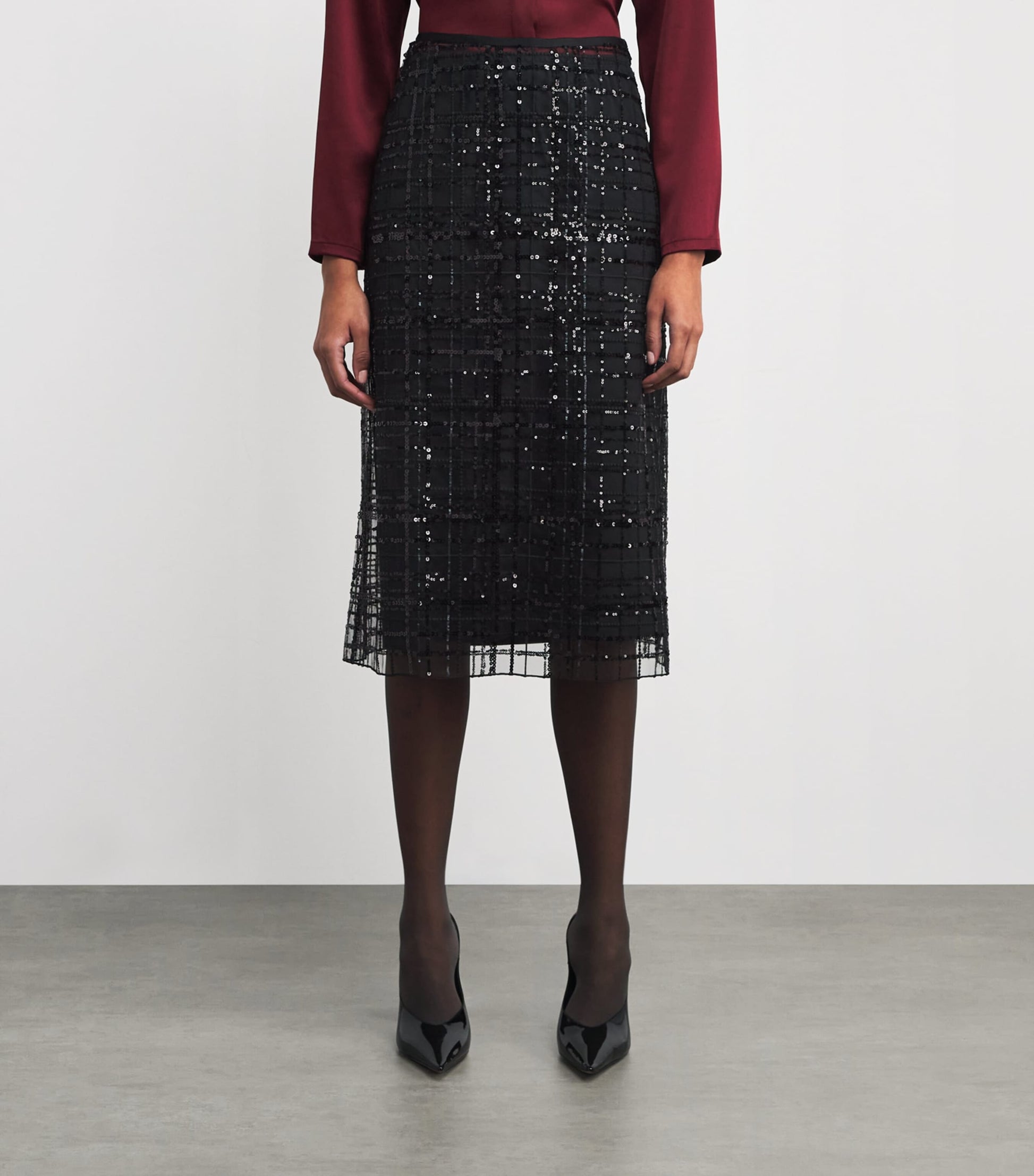 MAX&Co. Black Sequin Check Midi Skirt