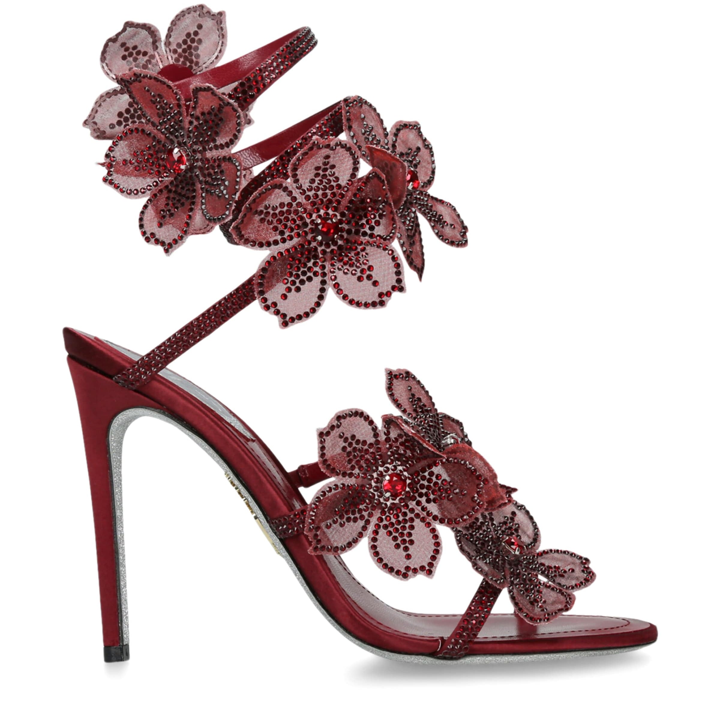 René Caovilla Burgundy Satin Floral Cleo Sandals 105