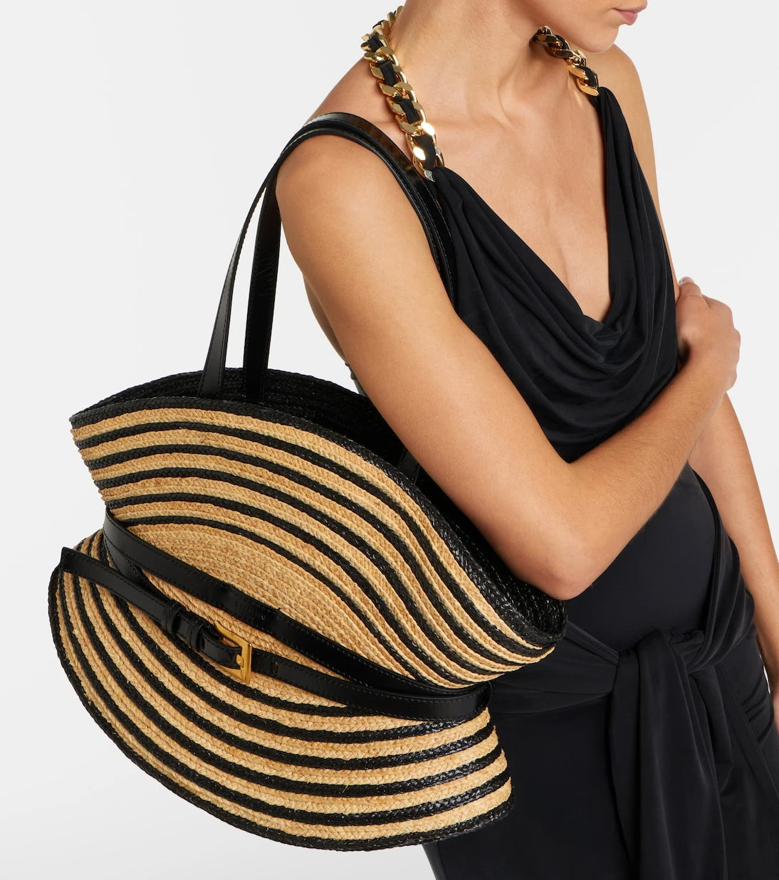 Balmain - Raffia-effect striped shoulder bag