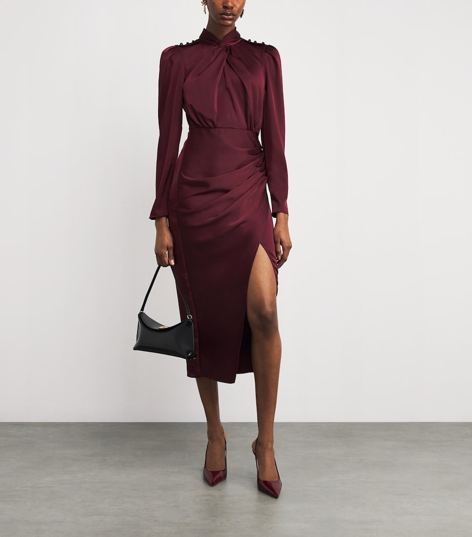 Self-Portrait Red Satin Draped Midi Dress