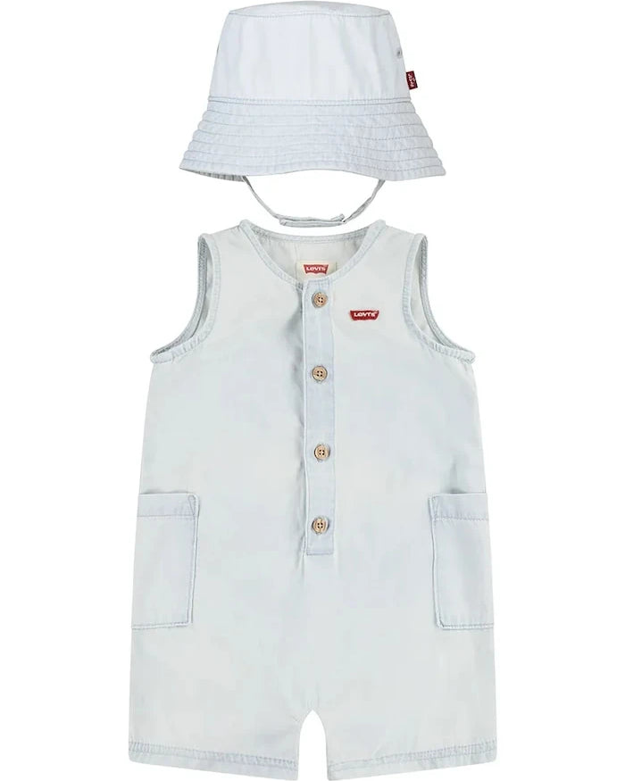Бебешки памучен къс гащеризон Levi's LVB DENIM ROMPER & BUCKET HAT