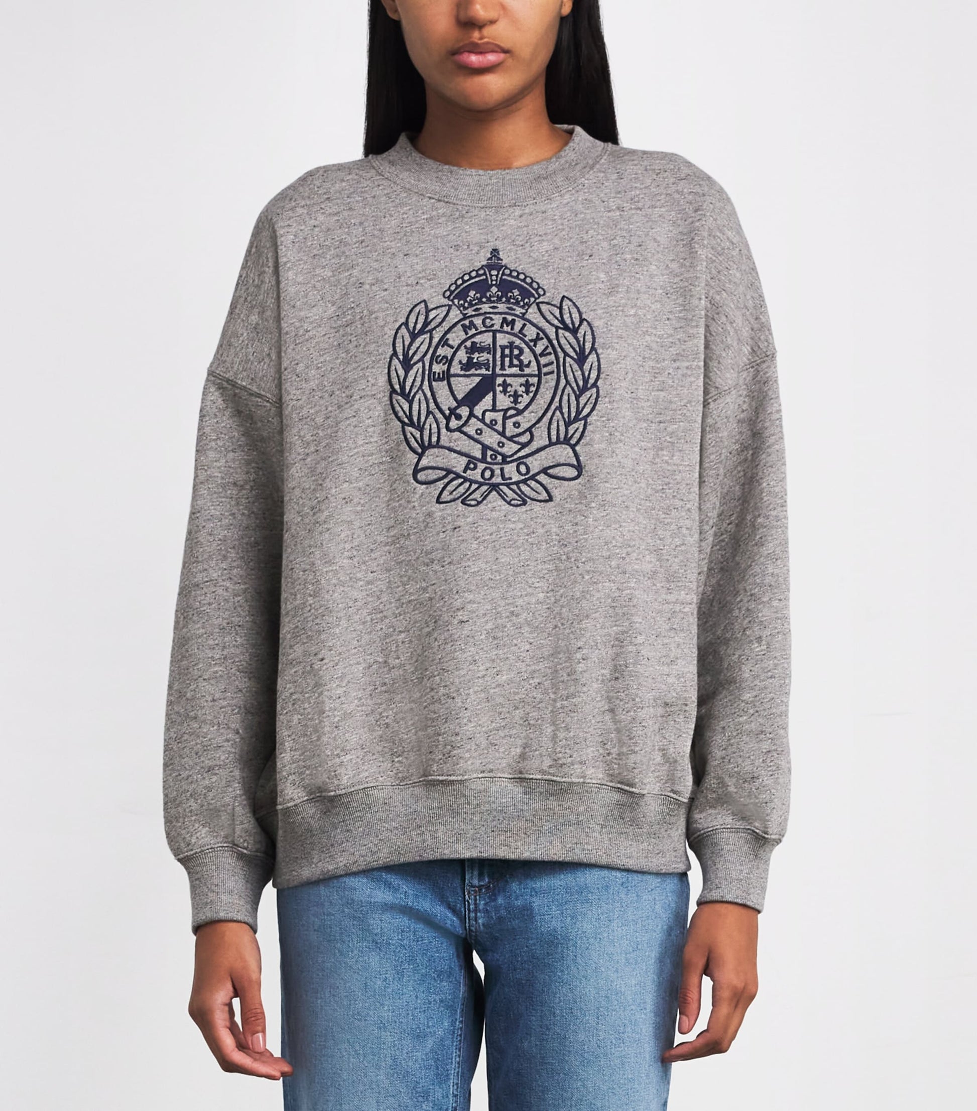 Grey Fleece Crest-Embroidered Sweatshirt