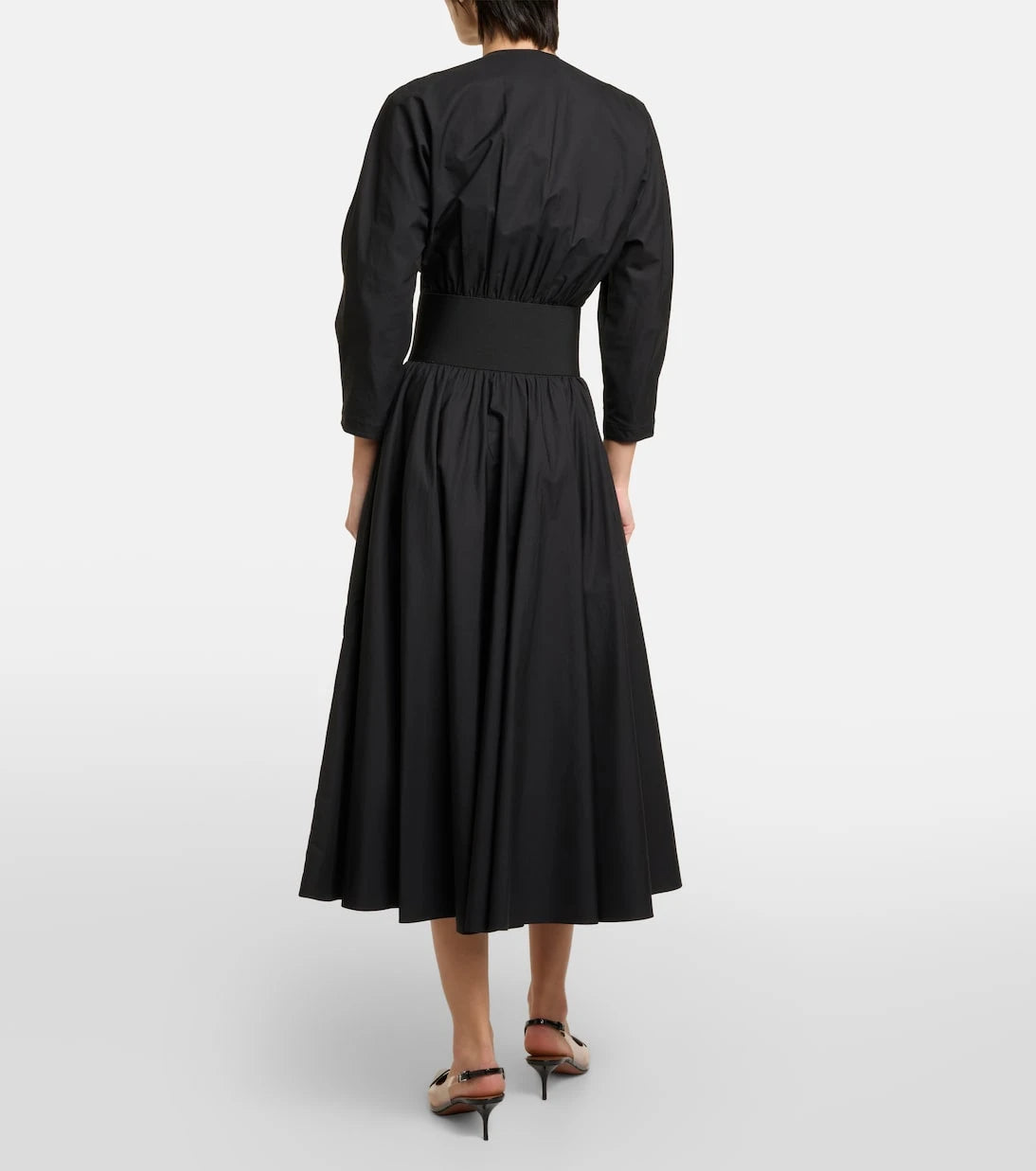 Alaïa - فستان ميدي قطن بحواف جلدية