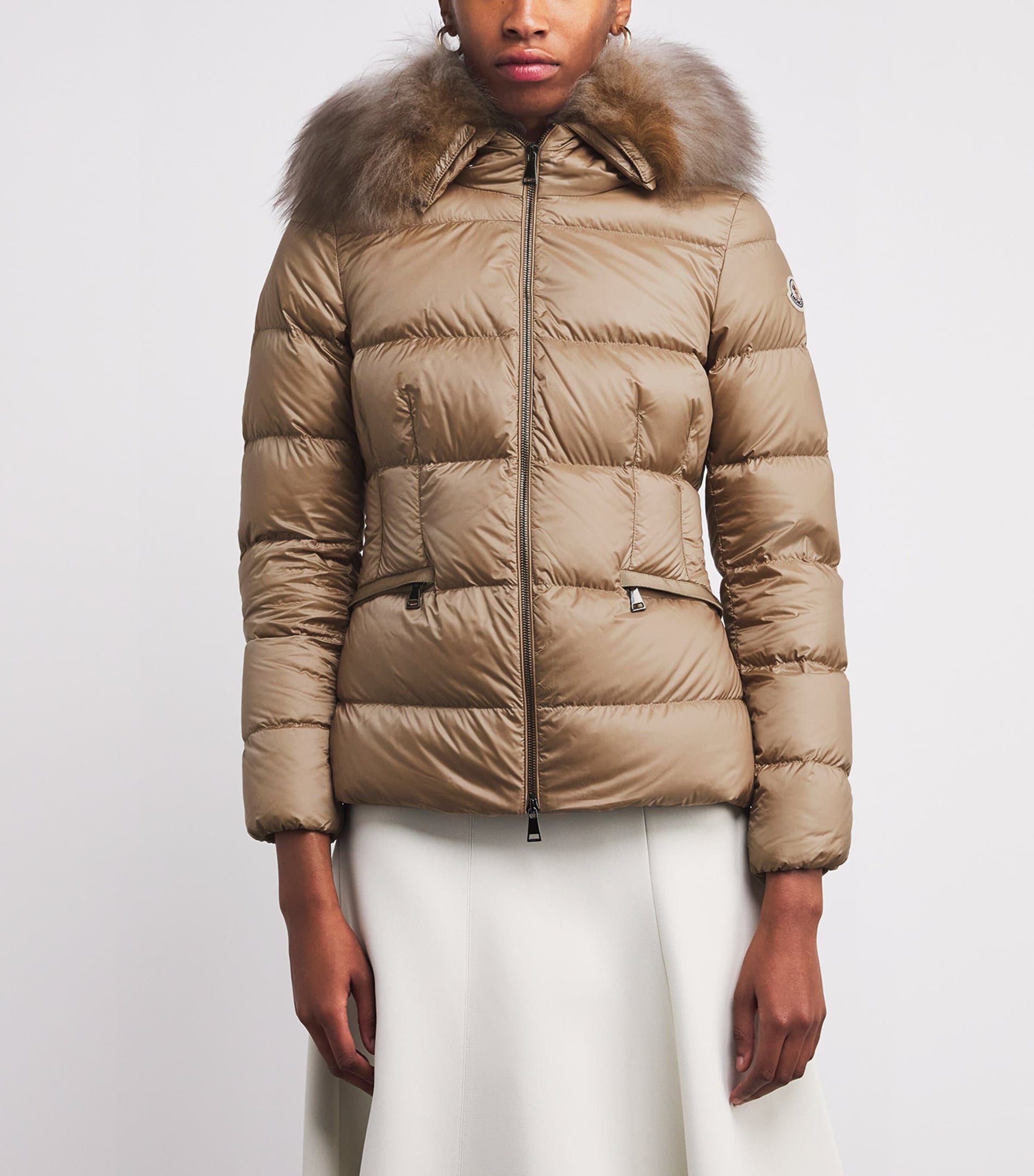 Moncler Beige Shearling-Trim Boed Puffer Jacket