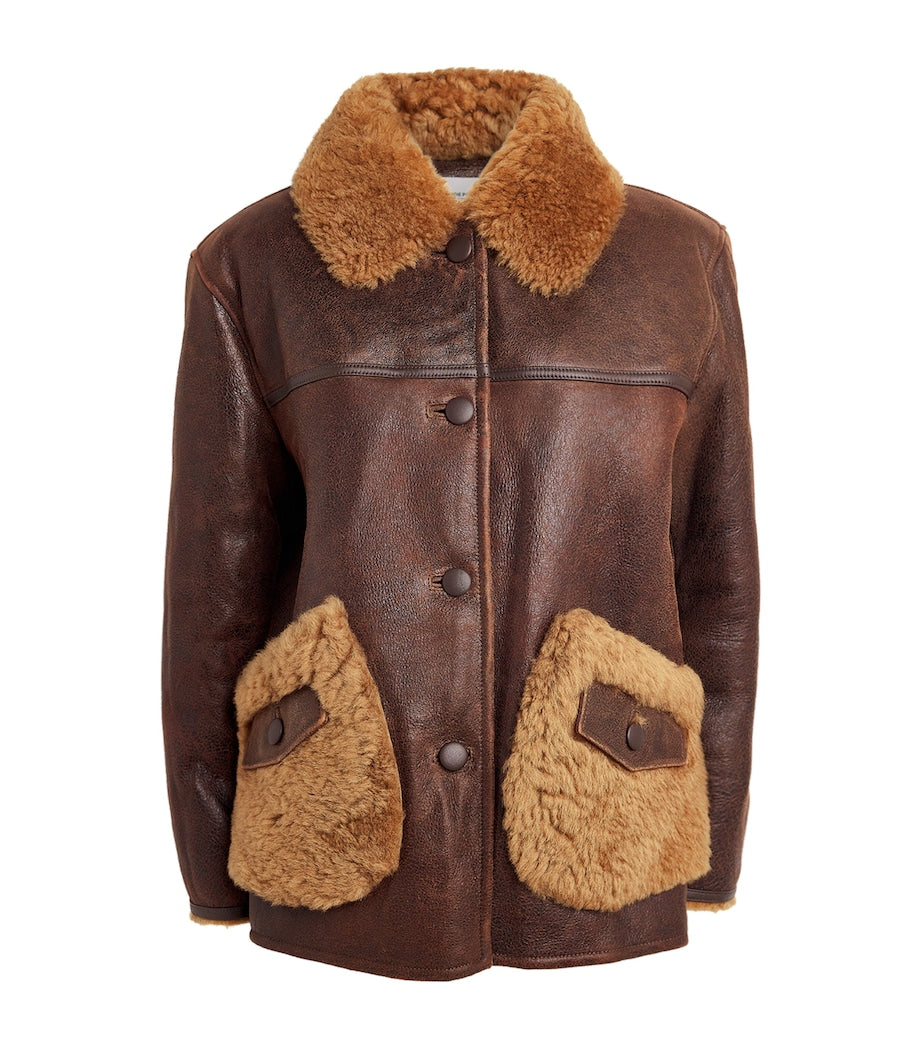 Claudie Pierlot White Leather Shearling-Detail Aviator Jacket