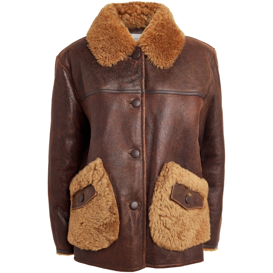 Claudie Pierlot White Leather Shearling-Detail Aviator Jacket