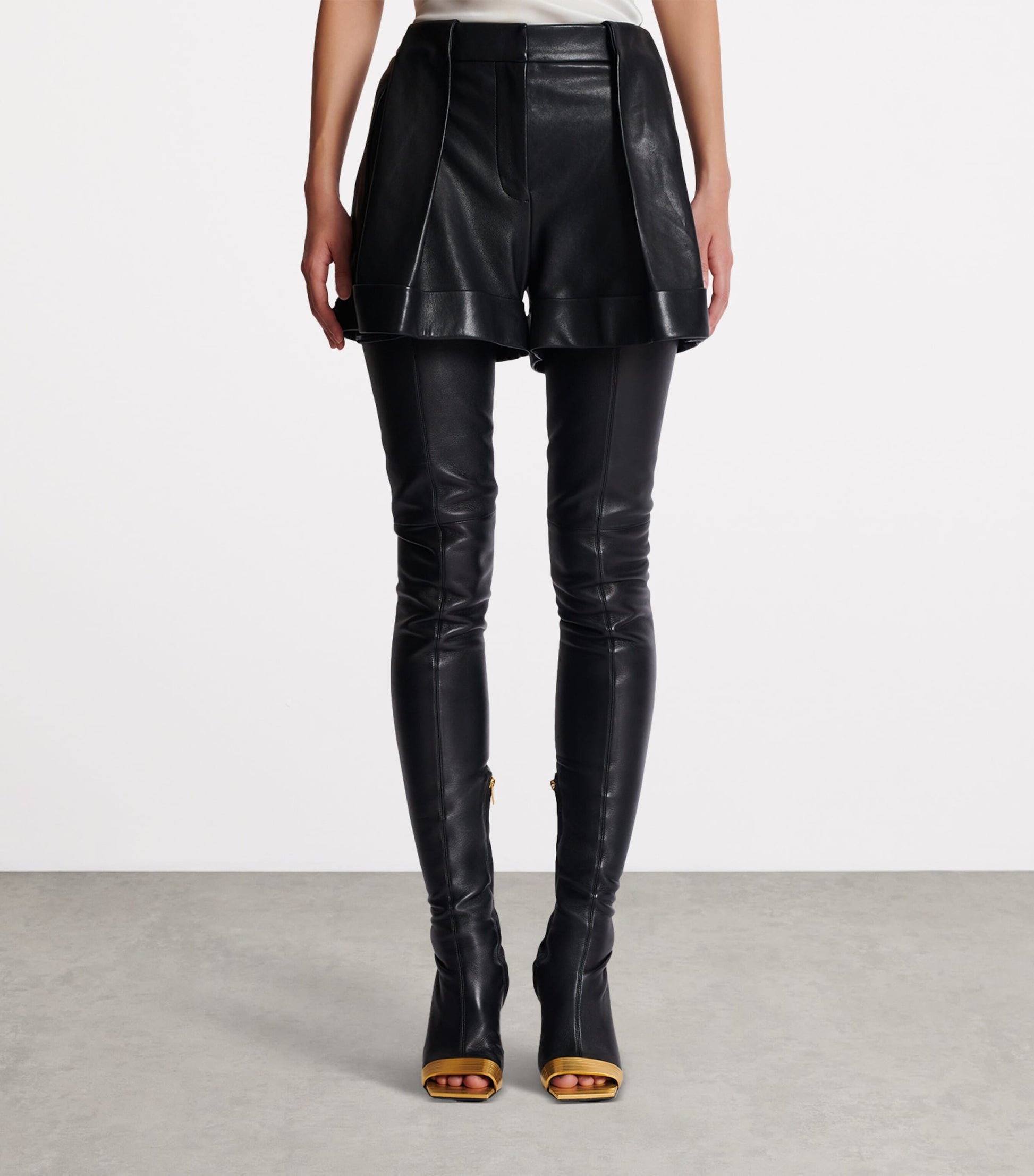 Balmain Black Lambskin Pleated Shorts