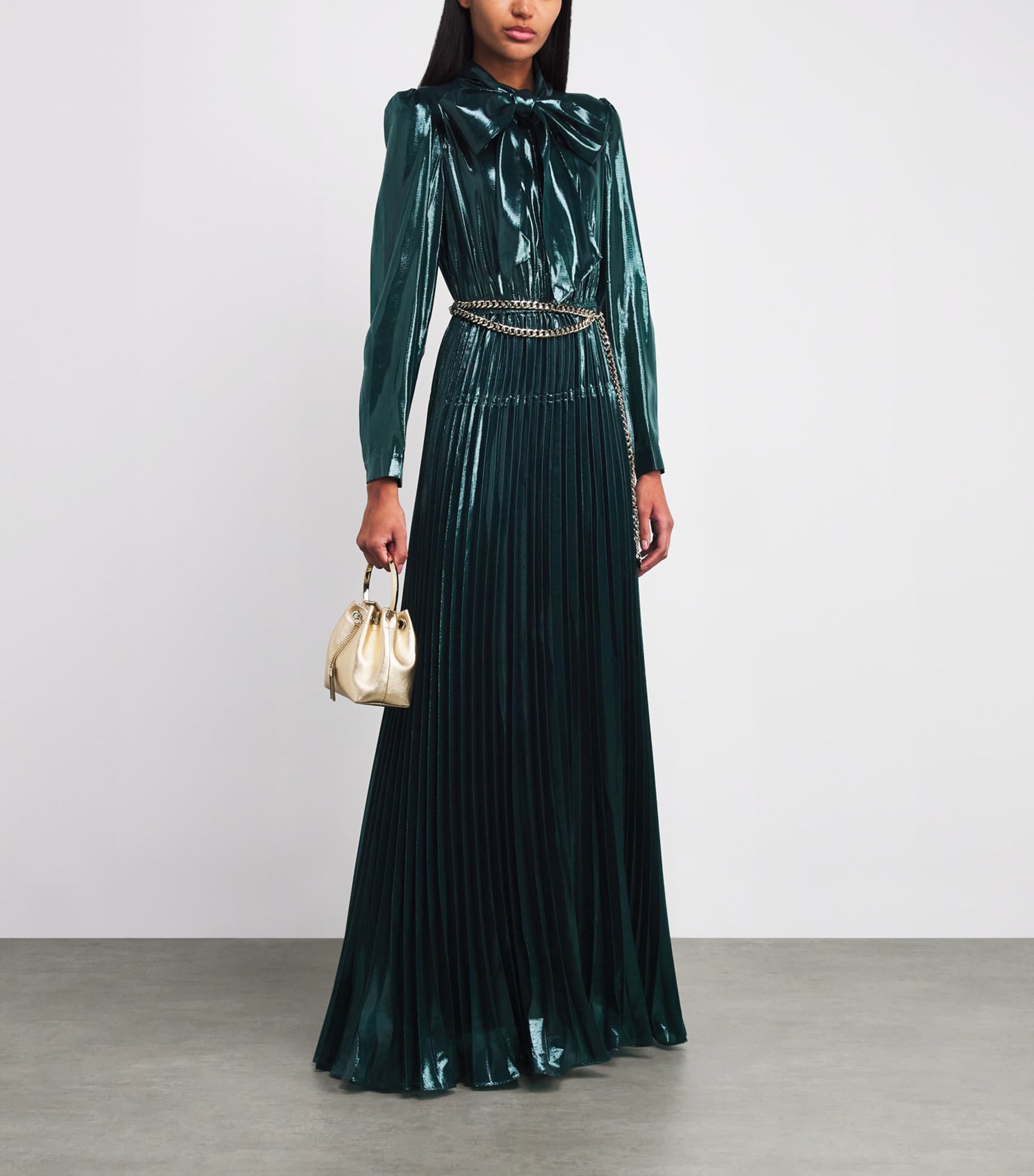 Self-Portrait Green Metallic Pussybow Maxi Dress