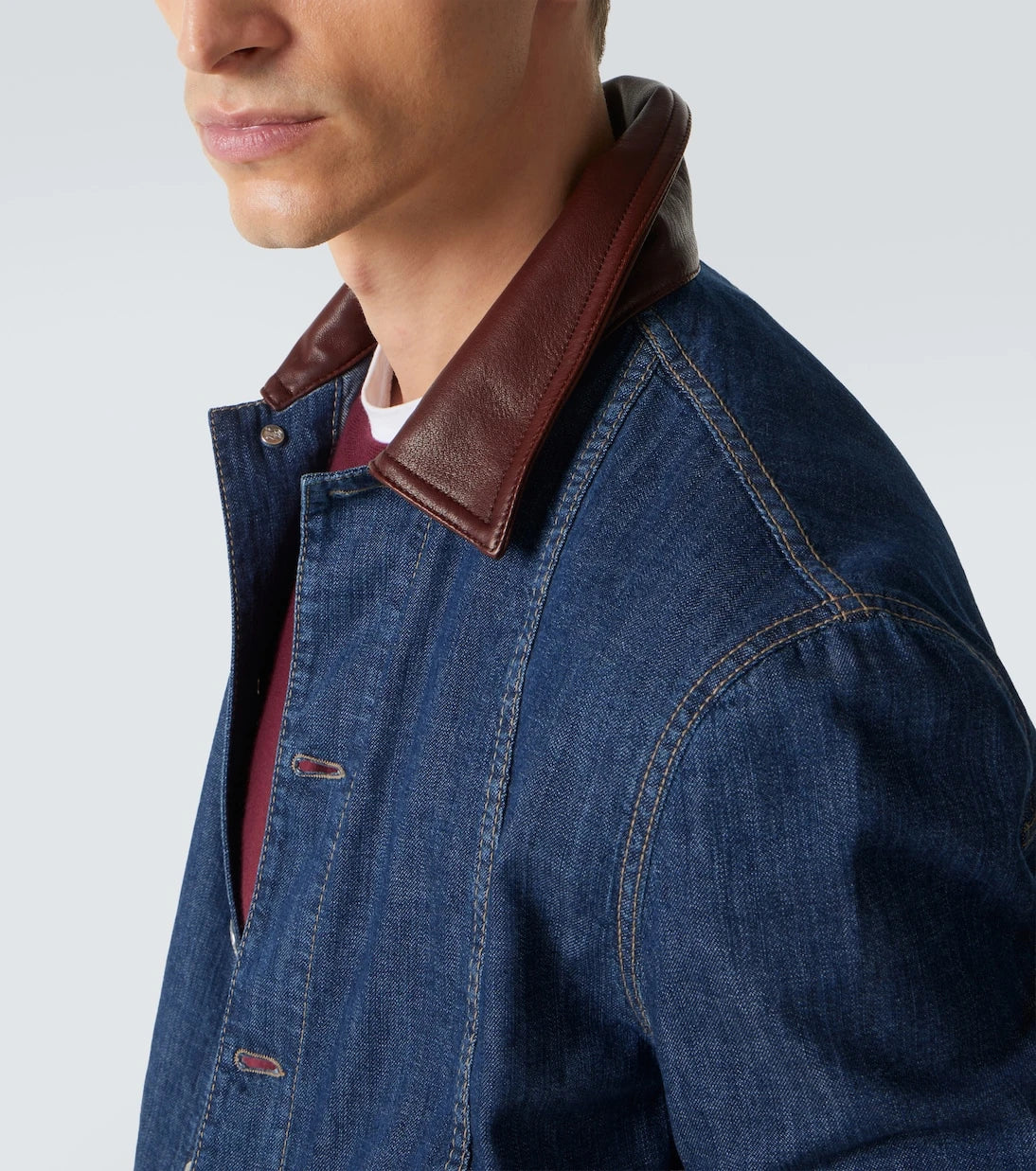 Brunello Cucinelli - Leather-trimmed denim jacket