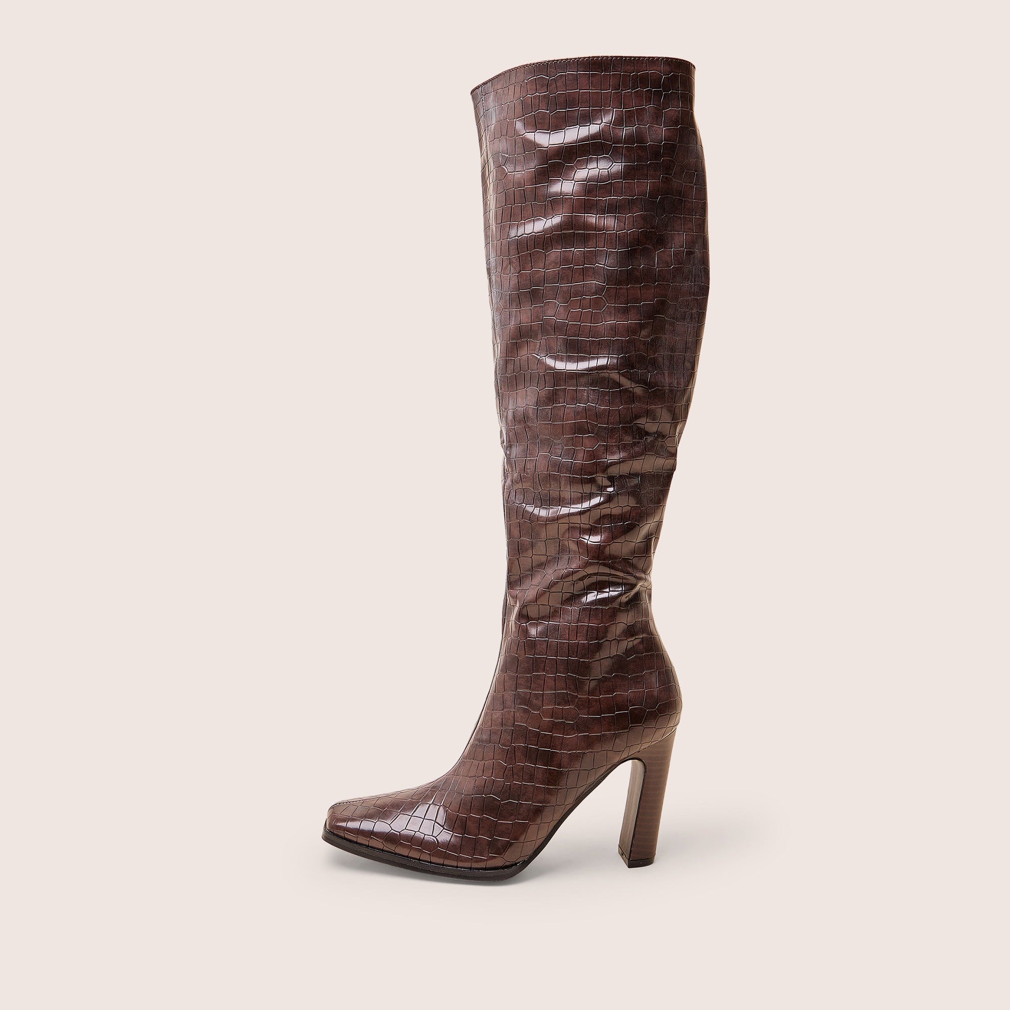 Acquilla Brown Croc Knee High Flared Heel Boots