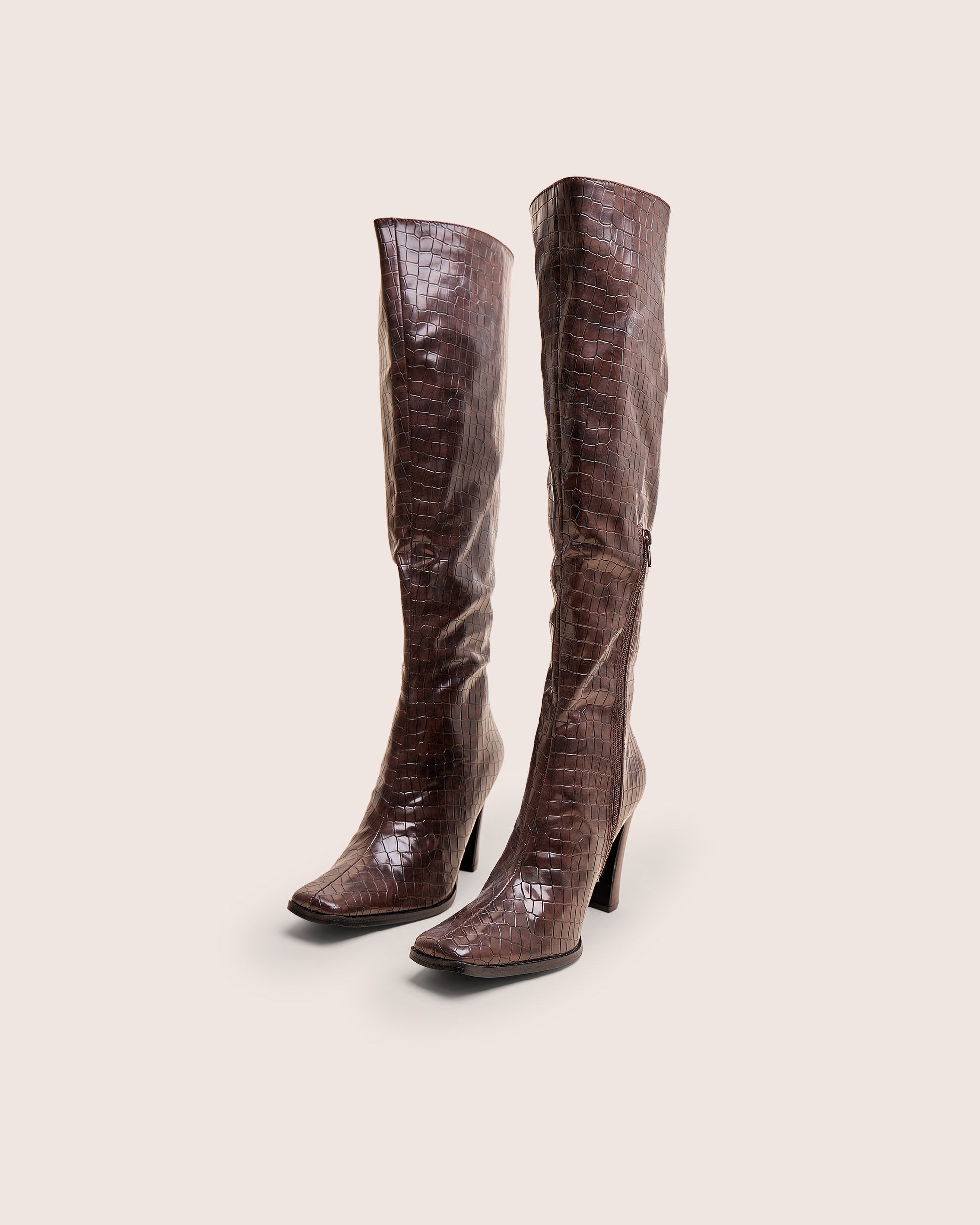 Acquilla Brown Croc Knee High Flared Heel Boots