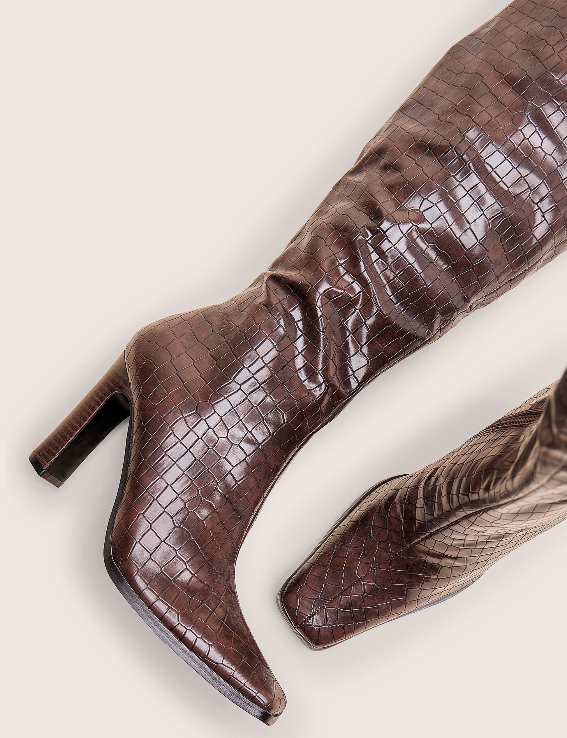 Acquilla Brown Croc Knee High Flared Heel Boots