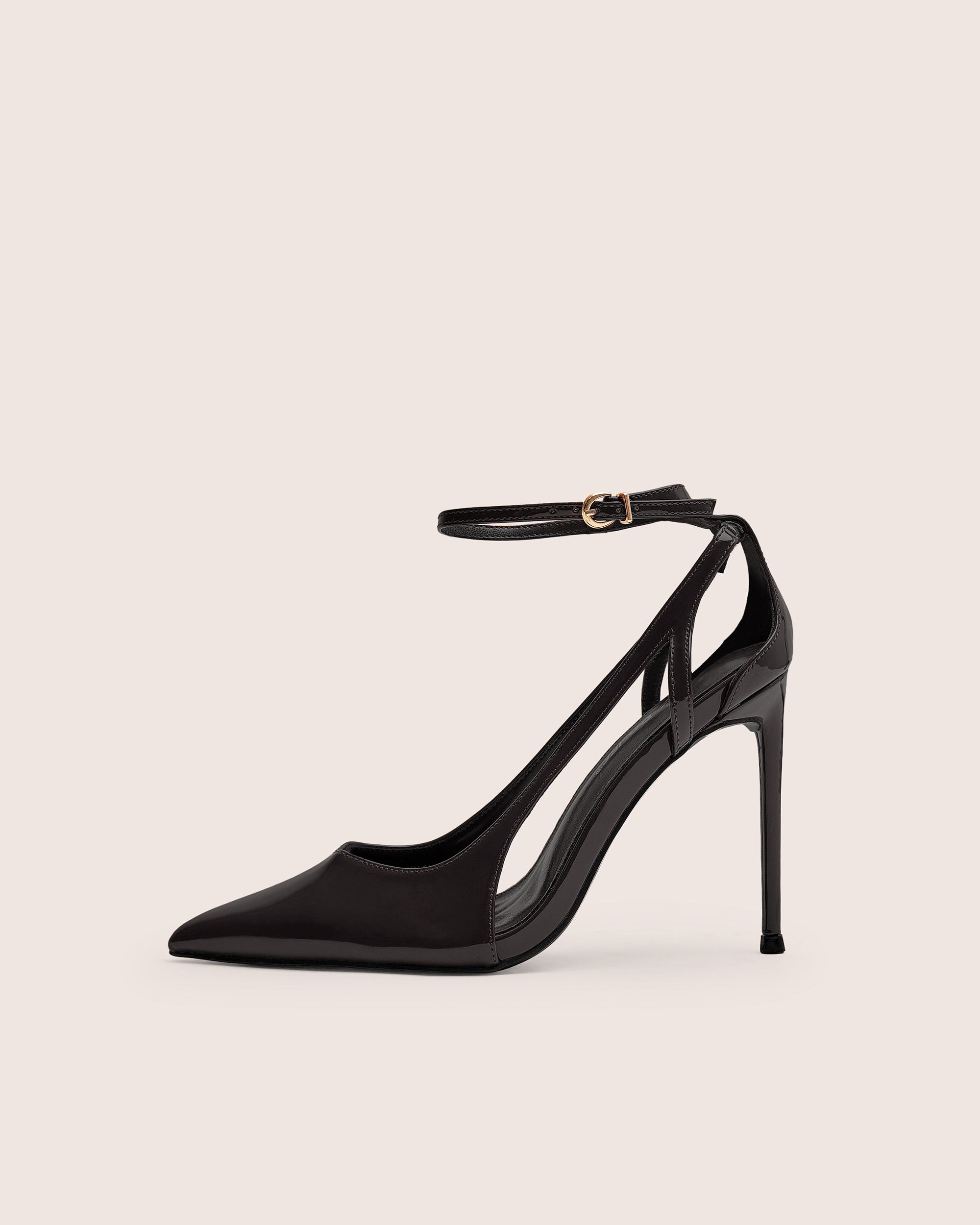 Allegedly Black Patent Cut Out Detail Ankle Strap Court Shoes