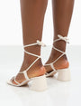 Aloha Ecru Lace Up Block Mid Heeled Sandals