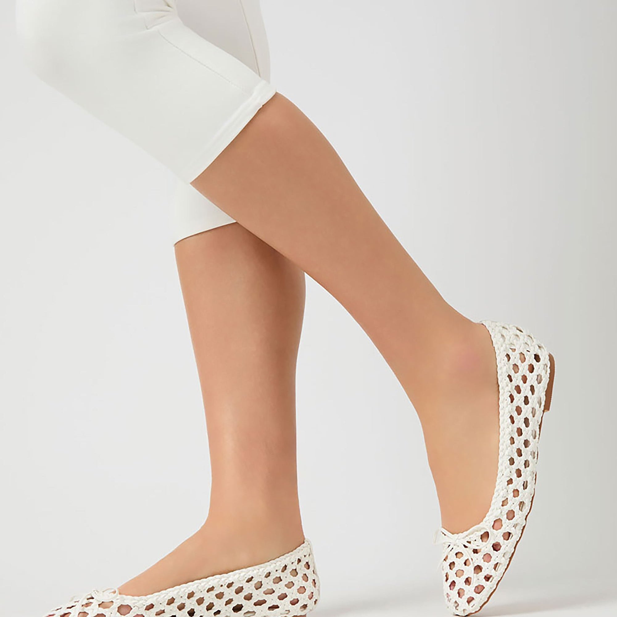 Alundra White Pu Woven Bow Detail Ballet Pump Flats
