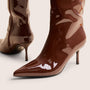 Amped Chocolate Patent Pointed Toe Mid Heel Knee High Boots