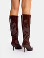 Amped Chocolate Patent Pointed Toe Mid Heel Knee High Boots